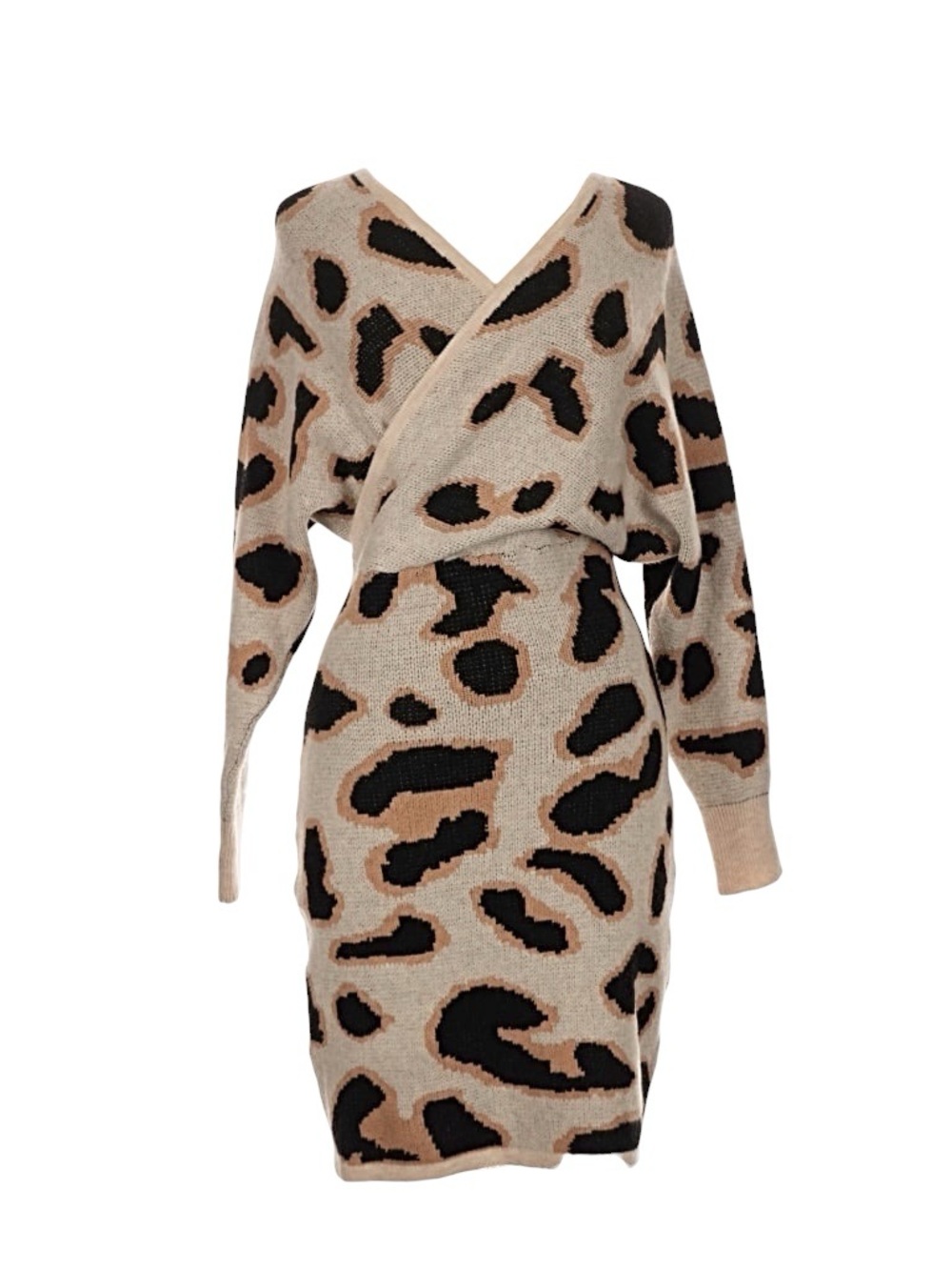 SHEIN Beige & Black Leopard Print Wrap Knit Mini Dress